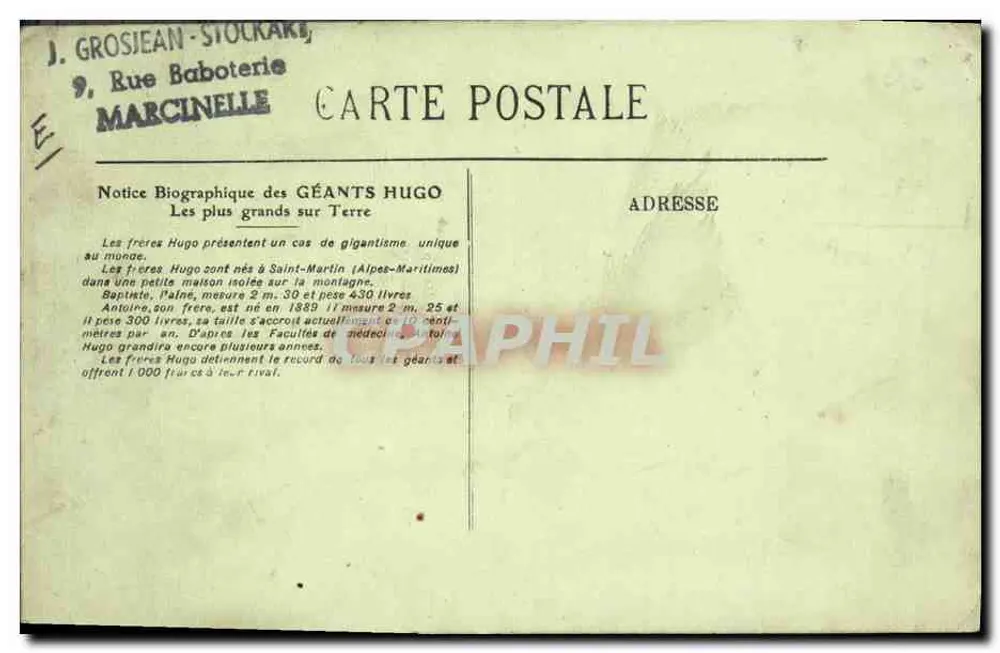 Die Riesen Hugo — Brüder geboren in Saint-Martin Vésubie (Alpes-Maritimes) — Éditeur J. Grosjean-Stockark, n°8 - Rückseite