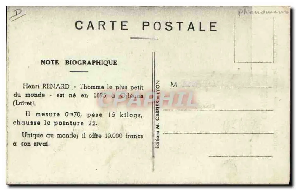 Henri RENARD — a pessoa mais baixa do mundo — Éditions M. CARRIER - LYON - Verso