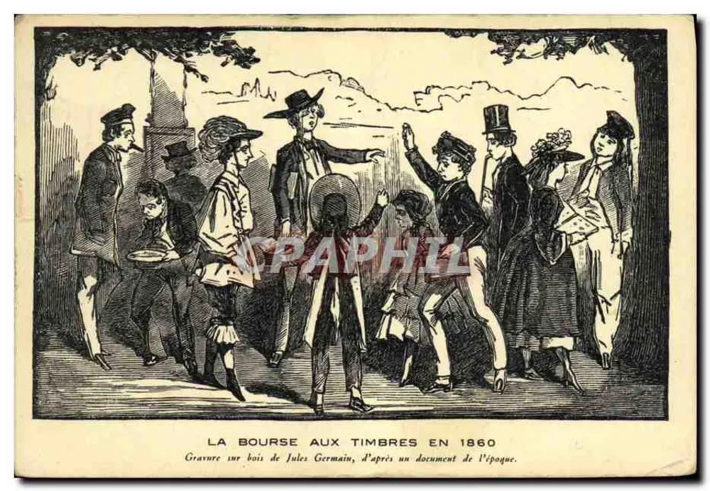 Die Briefmarkenbörse im Jahr 1860 — Holzschnitt von Jules Germain, nach einem Dokument der Zeit - Vorderseite