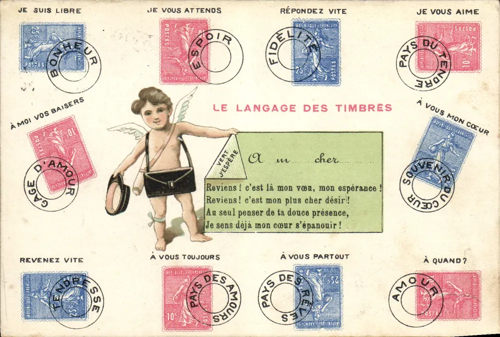 O idioma dos selos — carta postal ilustrada com um putto e selos com mensagens — editor não identificado - Frente
