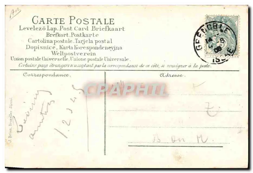 O idioma dos selos — carta postal ilustrada com um putto e selos com mensagens — editor não identificado - Verso