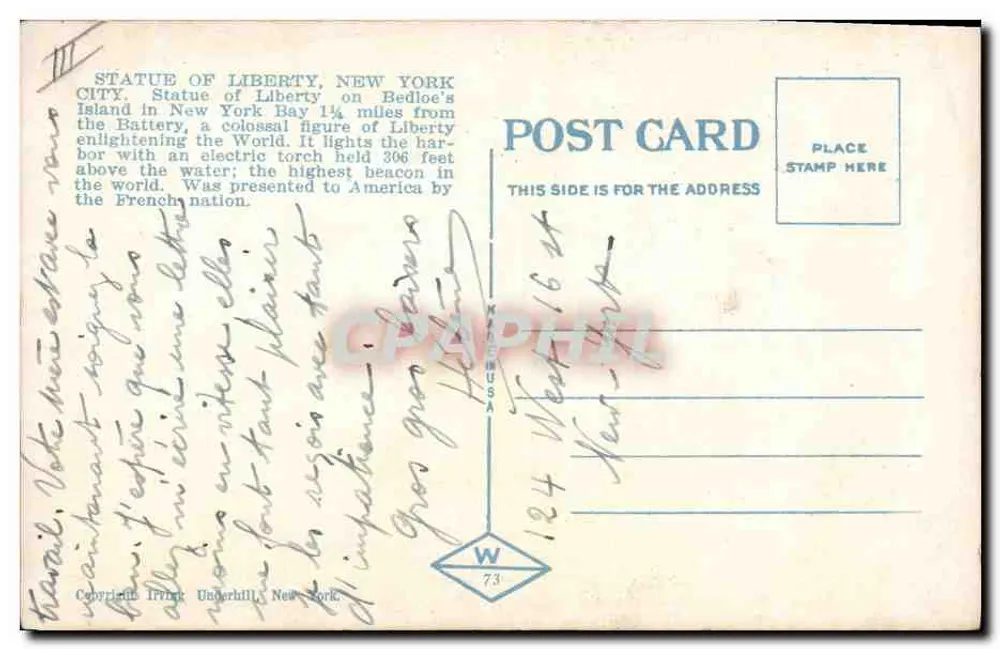 Statue of Liberty, New York City — Verlag Underhill, Nr. 73 - Rückseite