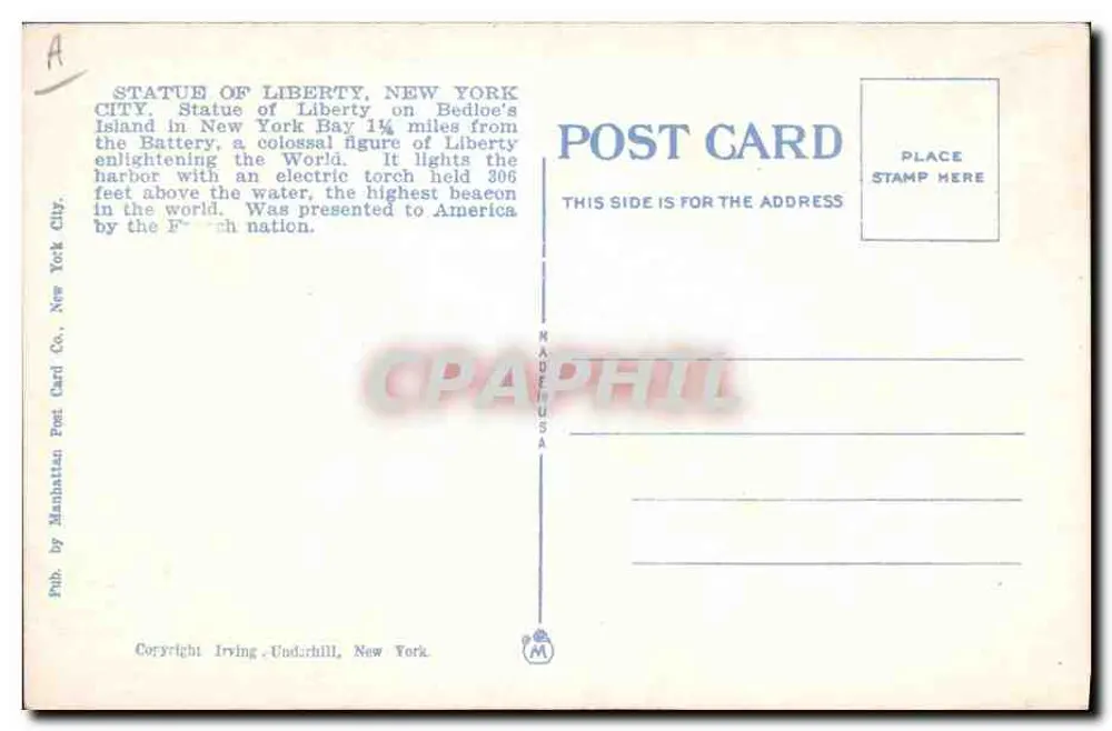 Statue of Liberty, New York — Ansicht mit Flugzeug — Verleger Manhattan Post Card Co., n° 25375 - Rückseite