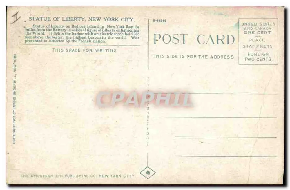 Statue of Liberty, New York City — Ansicht der Statue auf ihrem Sockel mit amerikanischen Fahnen — Verlag Irving Underhill, N.Y., Seriennummer R-34344 - Rückseite