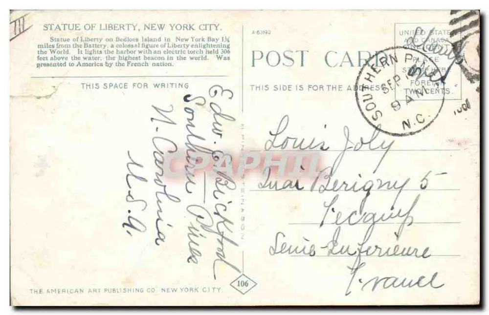 Statue of Liberty, New York City — Blick von der Insel mit amerikanischen Fahnen — Verlag Irving Underhill, N.Y., Nummer der Serie 106 - Rückseite