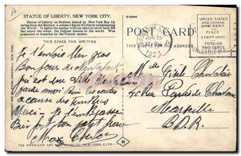 Statue of Liberty, New York City — Ansicht der Statue mit amerikanischen Fahnen — veröffentlicht 1914 von Irving Underhill, N.Y. - Rückseite
