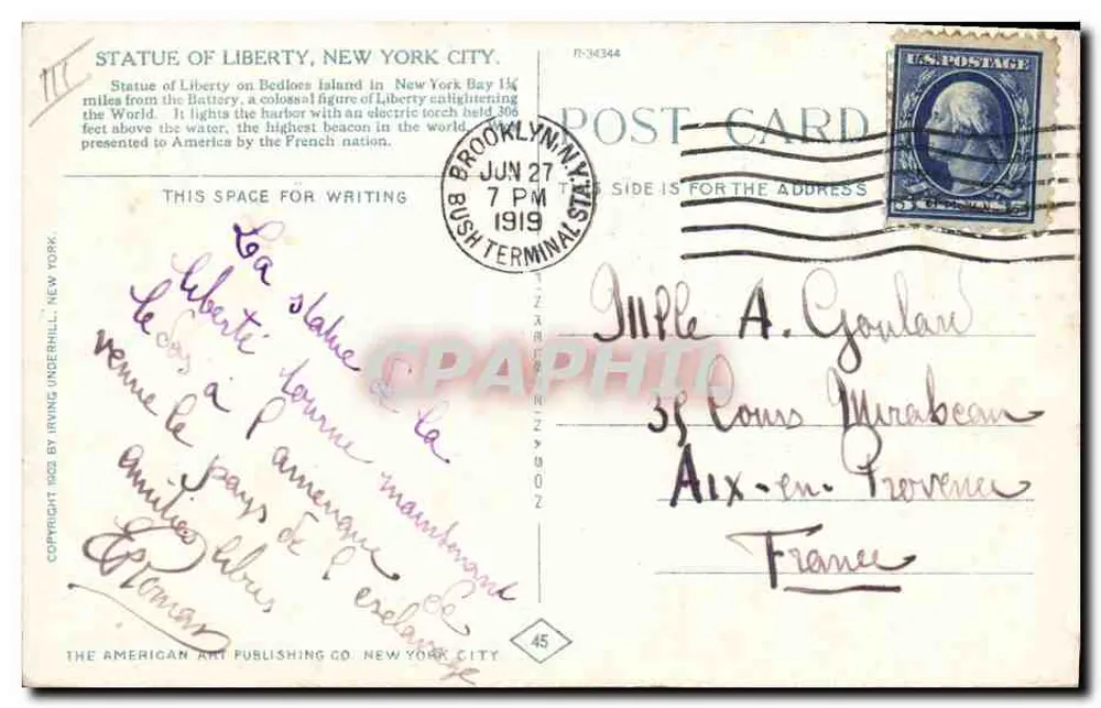 Statue of Liberty — New York City — The American Art Publishing Co. Nr. 45 - Rückseite