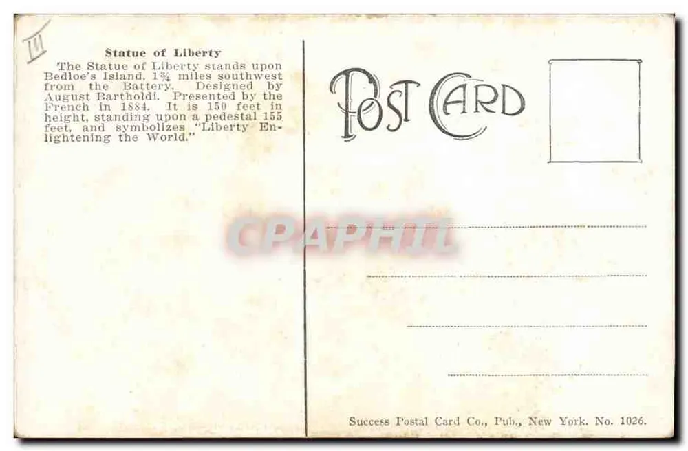 Statue of Liberty, New York — Success Postal Card Co., Nr. 1026 - Rückseite