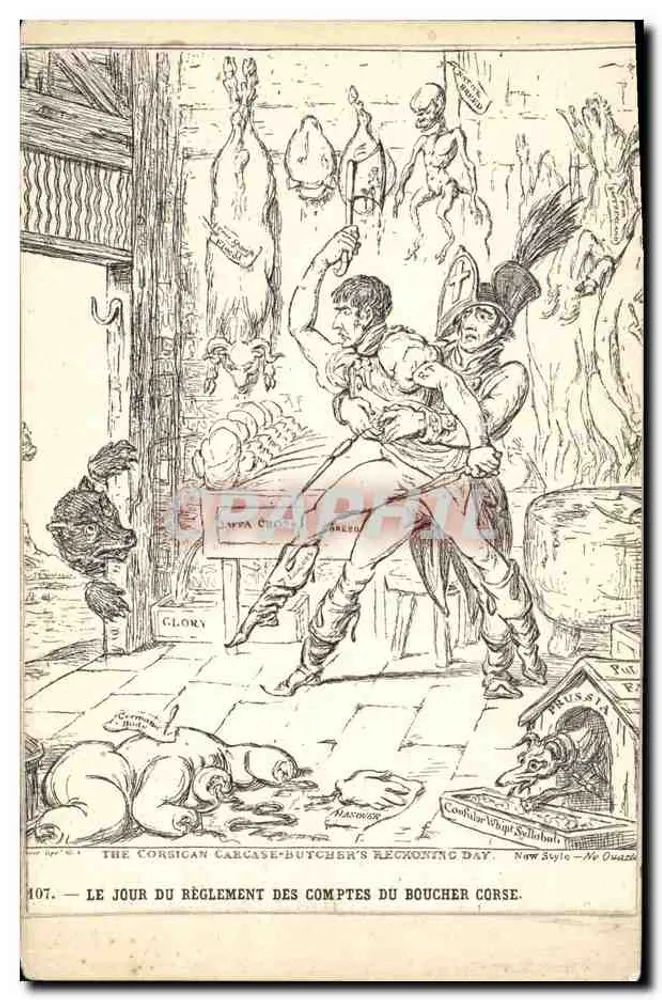 Der Tag des Abrechnungskampfes des corsischen Metzgers — politische Karikatur mit symbolischen Figuren — Verlag New Style, Nr. 107 - Vorderseite