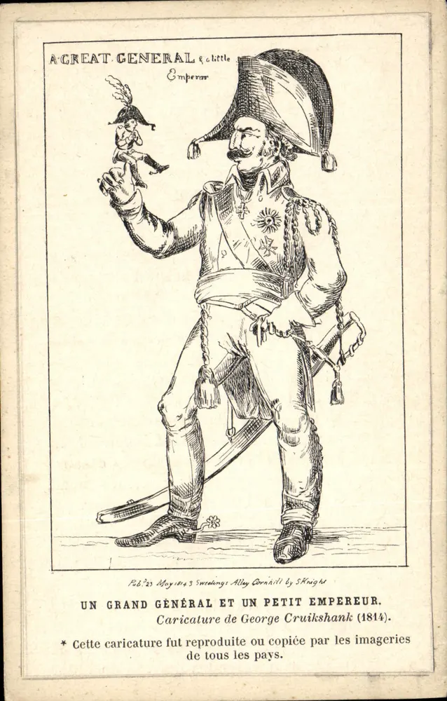 Ein großer General und ein kleiner Kaiser — Karikatur von George Cruikshank (1814) — veröffentlicht von Alley Cornhill - Vorderseite