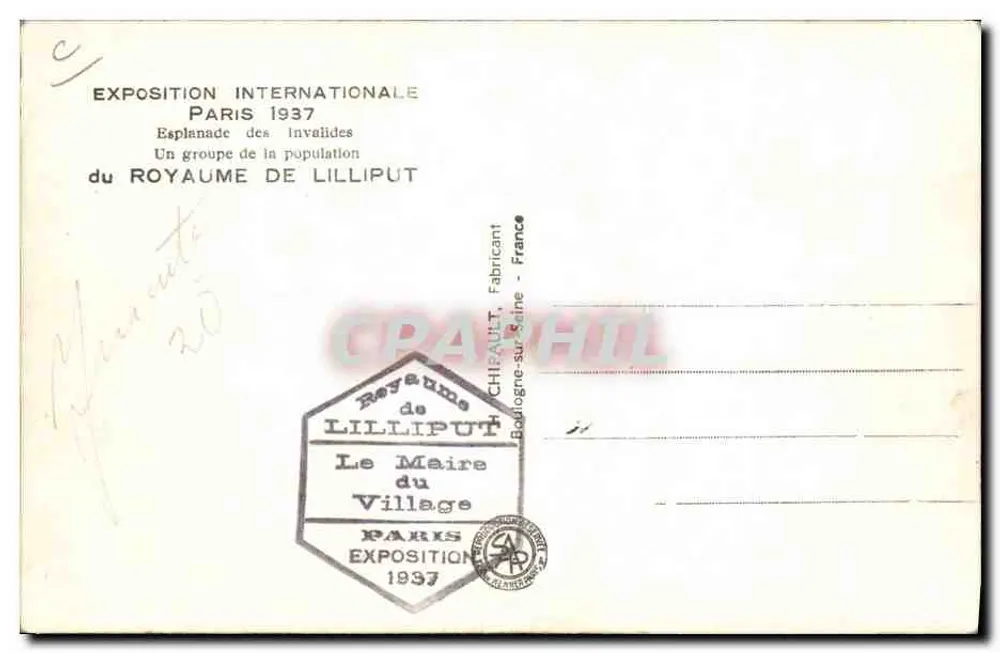 Antike Ansichtskarte Gruppe der Bevölkerung des Königreichs Lilliput — Internationale Ausstellung Paris 1937 — Verlag: CHIPOULT, Bécon-lès-Orléans - Rückseite
