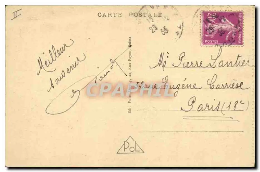 Reims — Hôtel des Postes — Éditeur Polin, n° 351 - Verso