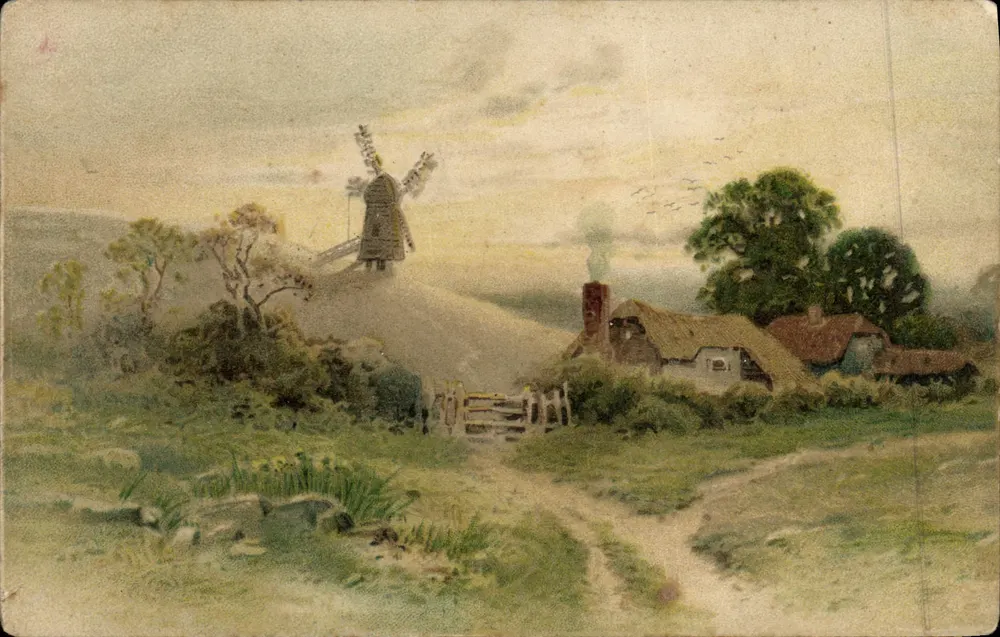Moulin à vent — paysage rural avec chemin et ferme — éditeur non identifié - Awers