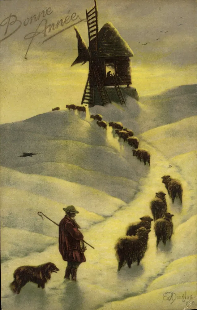 Winterlandschaft mit Schäfer und Schafen — Windmühle — Verlag Douglas 1920 - Vorderseite