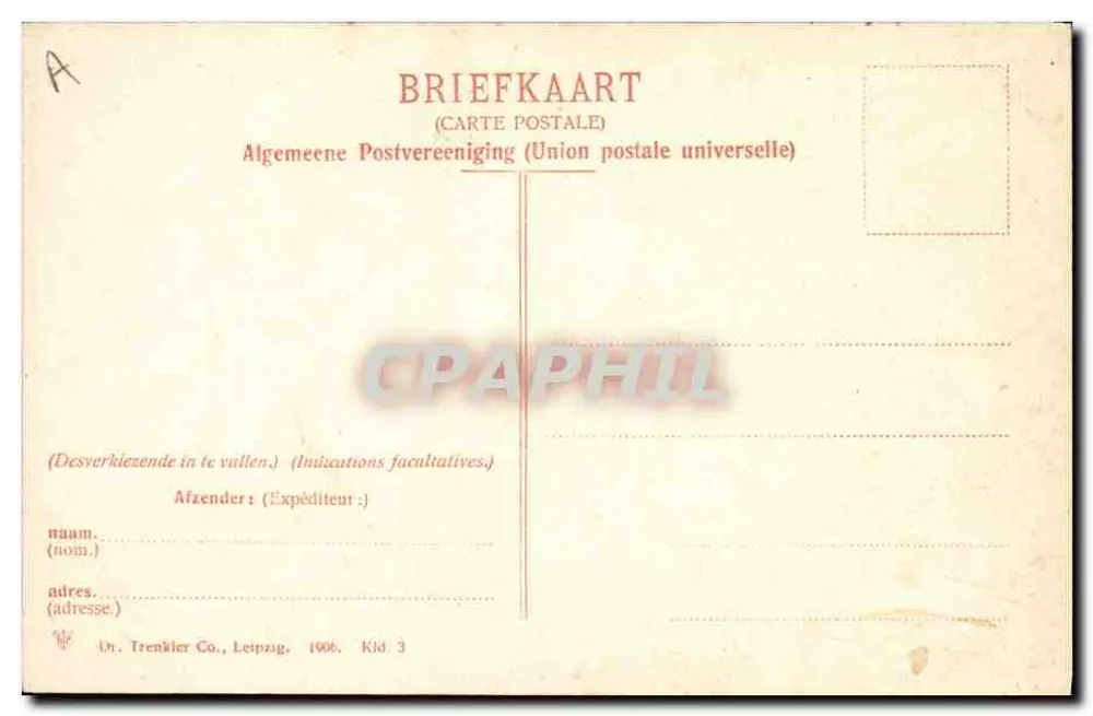 Zuid-Bevelandsche Boerin — carta postal ilustrada com colagem de cenas holandesas — Dr. Trenkler Co., Leipzig - Verso