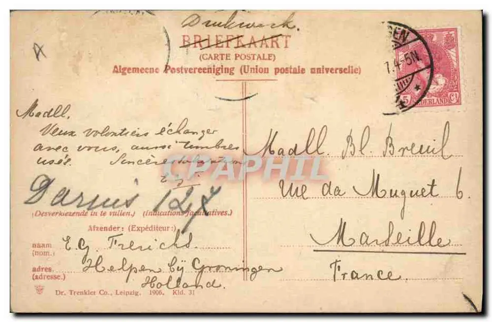 Traje Marken — Paisagem de moinhos de vento — Dr. Trenkler Co., Leipzig - Verso