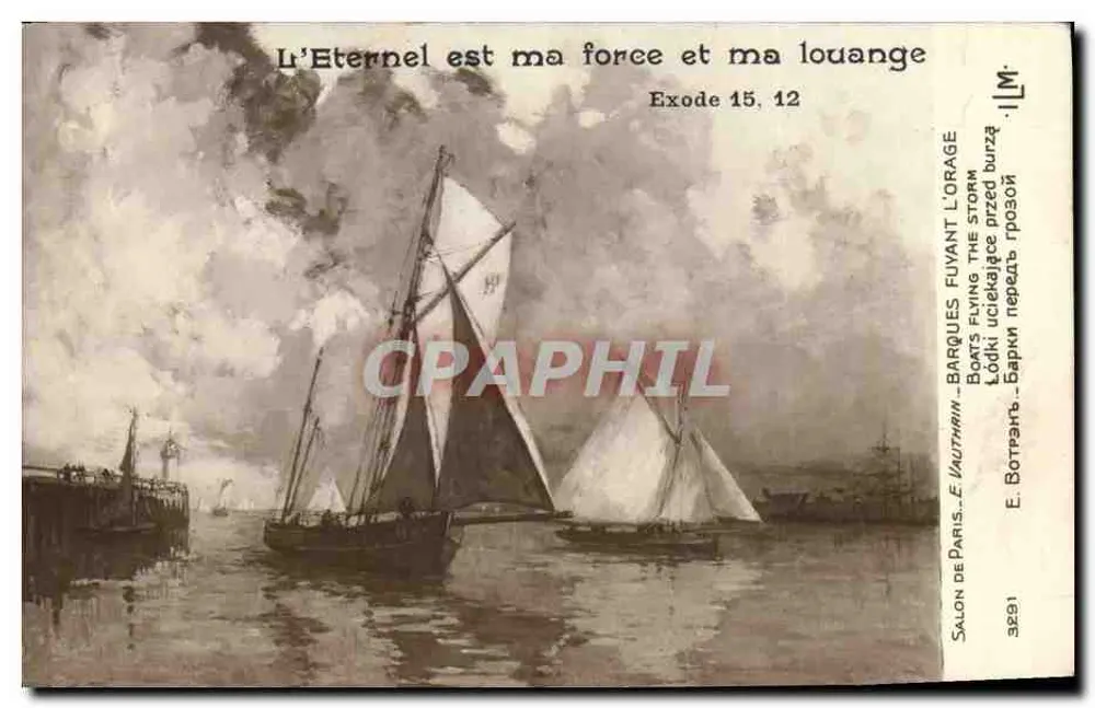 Boote, die vor dem Sturm fliehen — Exodus 15,12 — E. Vauthrin, Salon de Paris, n°3291 - Vorderseite