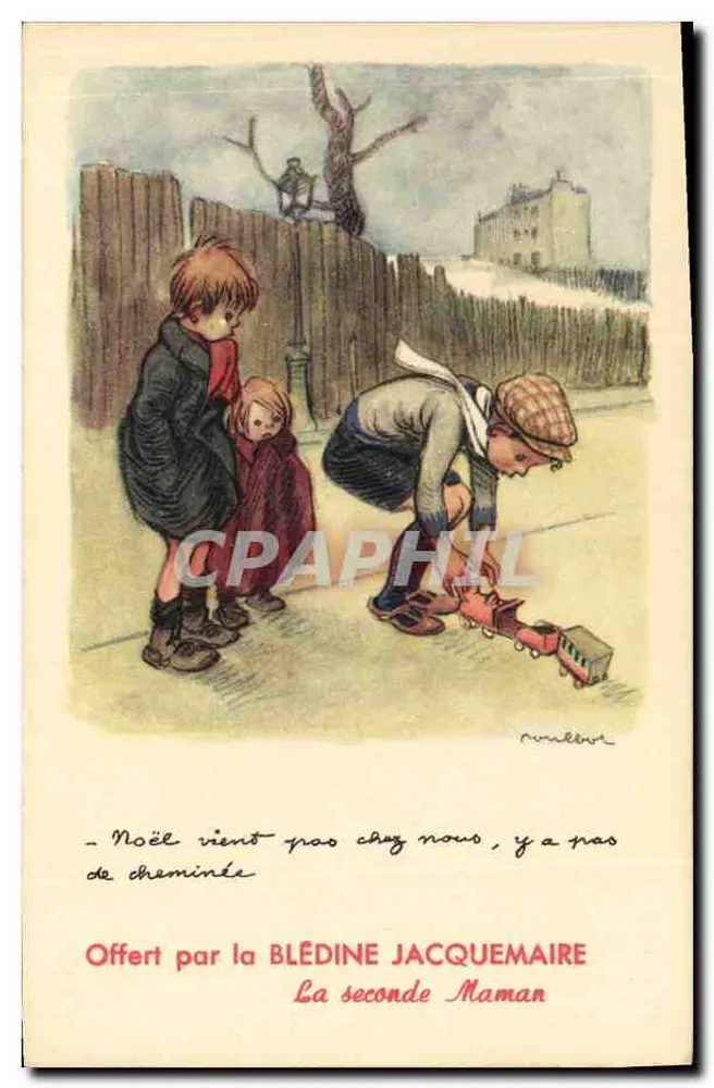 Kinder, die mit einem Zug spielen — Winterlandschaft — Zeichnung von P. Nullevre, gespendet von Blédine Jacquemaire - Vorderseite