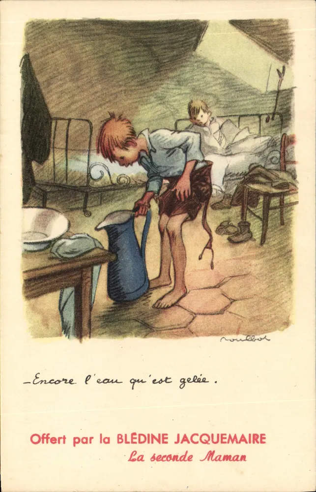 Kind, das in einem gefrorenen Zimmer wäscht — Illustration von Roullot — Geschenkt von Blédine Jacquemaire, Die Zweite Mutter - Vorderseite