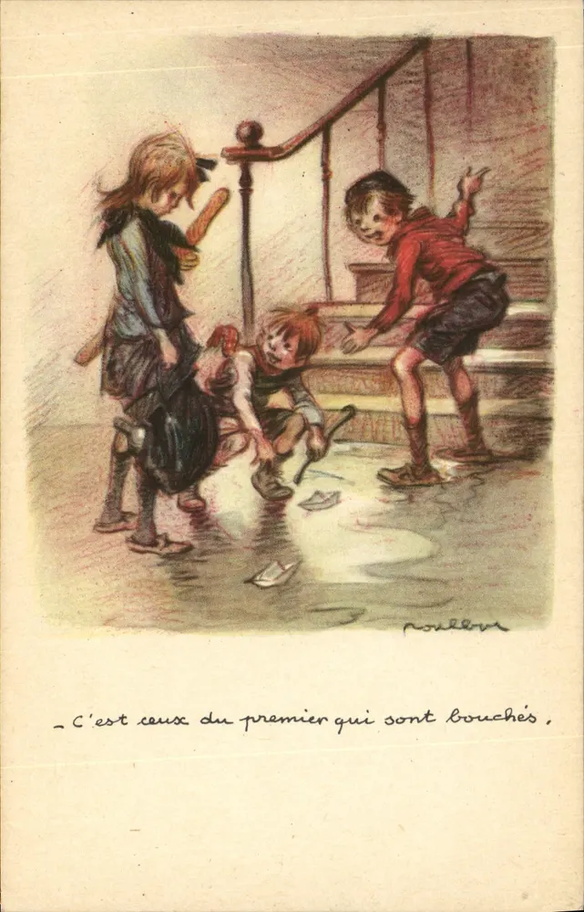 Kinder, die in einer Pfütze spielen — Illustration von Noël Lévy — Nationale Liga gegen Slums - Vorderseite