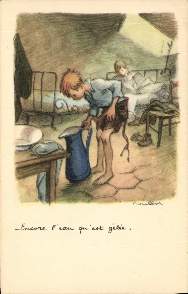 Kind, das gefrorenes Wasser gießt — Illustration von Roullbot — Nationale Liga gegen Slums - Vorderseite