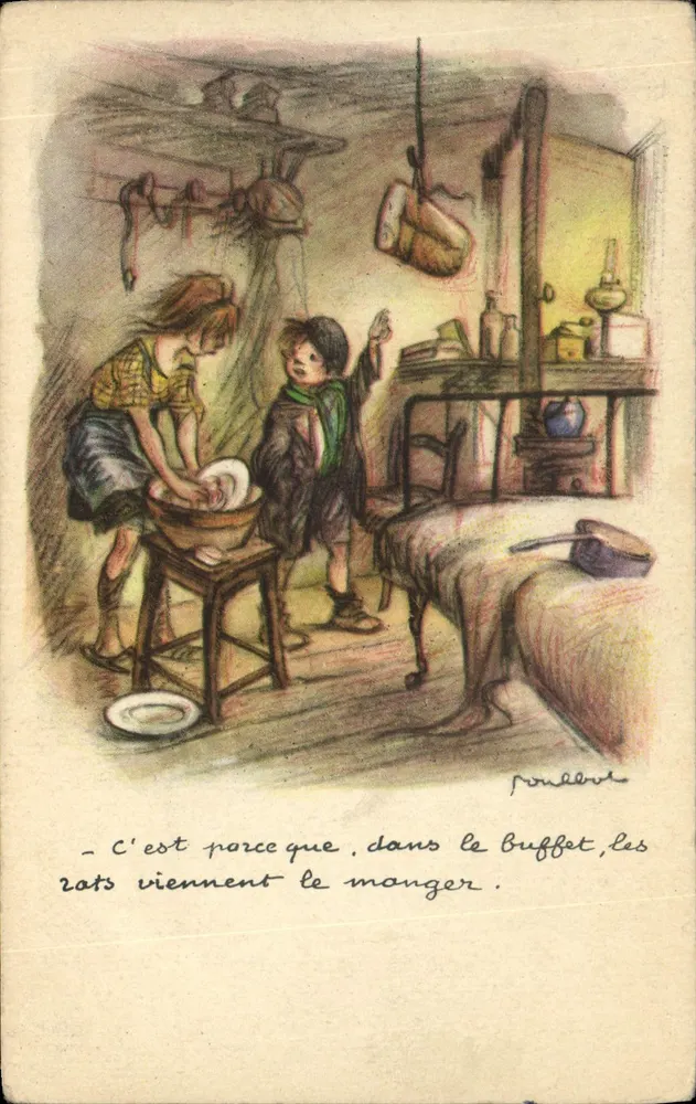 Küchen-Szene — Kinder und Ratten — Zeichnung von Poulbou - Vorderseite