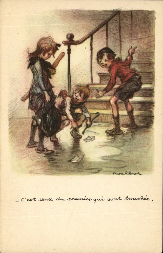 Kinder, die in einer Pfütze spielen — Zeichnung von Noël Boulèvre — Ligue Nationale Contre le Taudis - Vorderseite