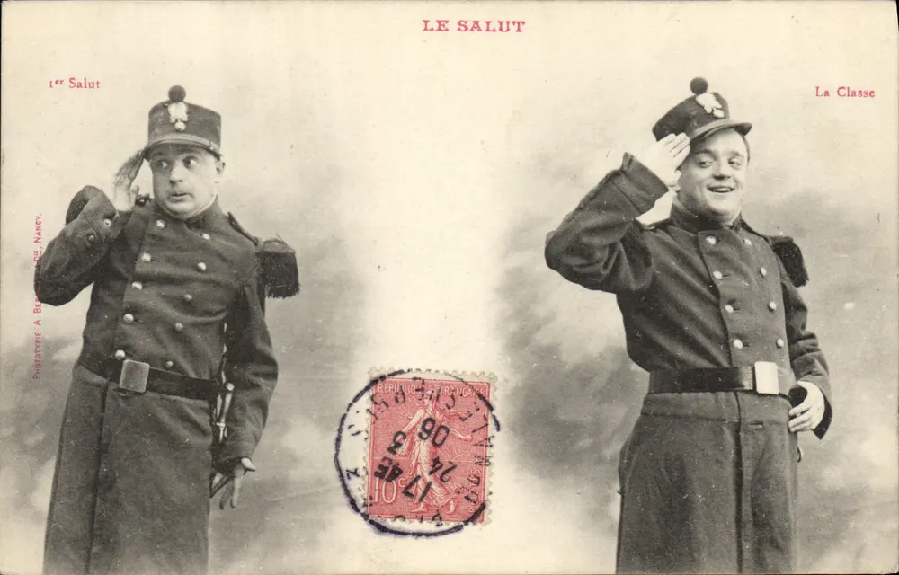 Zwei Soldaten im Uniform grüßend — Der Gruß — Phototype A. Berthet, Nancy - Vorderseite