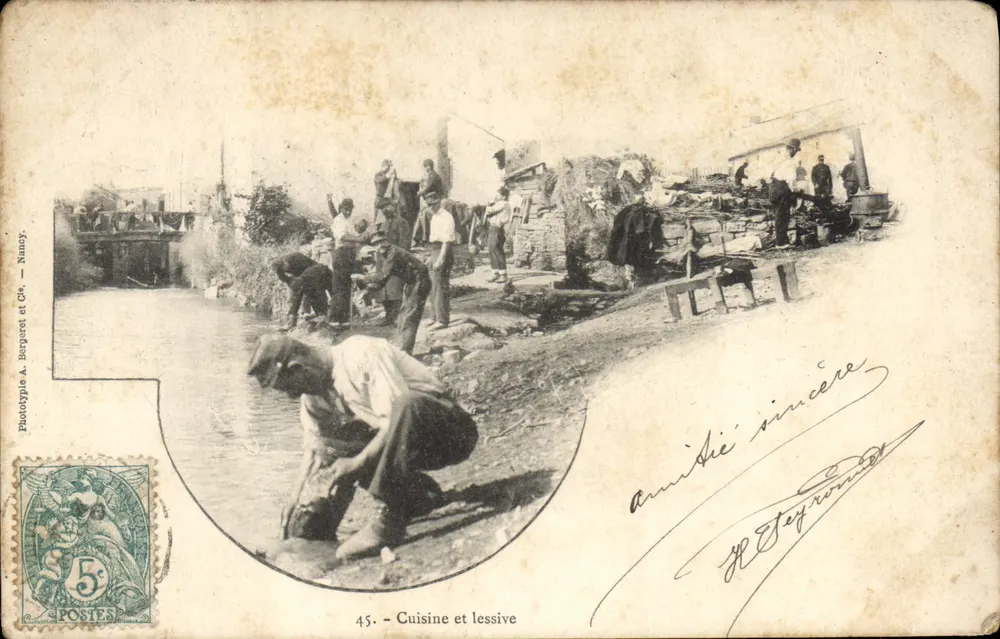 Cuisine et lessive — scène de lavage à la rivière — Phototypie A. Bergaret et Cie — Nancy - Vorderseite