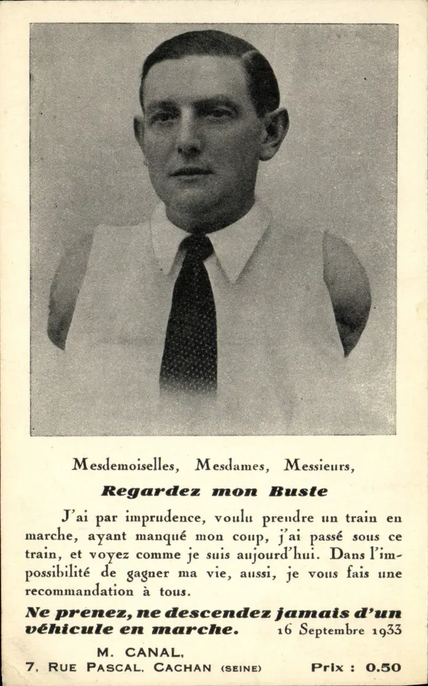 Retrato de um homem — aviso sobre segurança ferroviária — M. Canal, 7 Rue Pascal, Cachan (Seine) - Frente