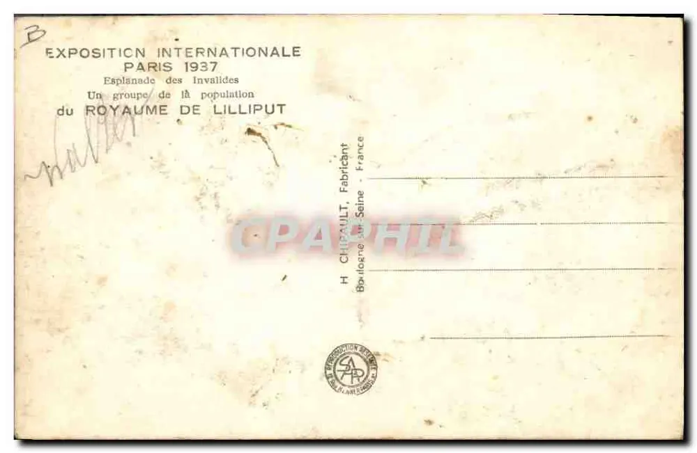 Gruppe der Bevölkerung des Königreichs Lilliput — Internationale Ausstellung Paris 1937 — H. Chipault, Boulogne-sur-Seine - Rückseite