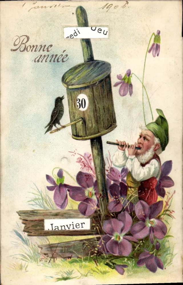 Gnome jouant de la flûte — Janvier 30 — éditeur inconnu - Recto