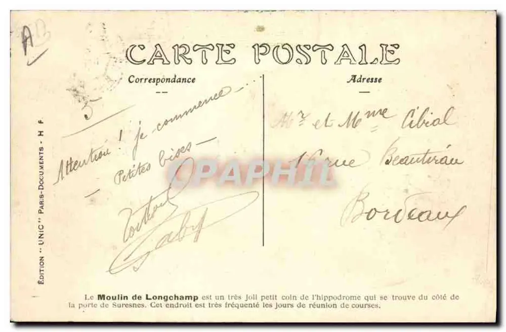 PARIS — Bois de Boulogne — Der Longchamp-Mühle — Ausgabe 'UNIC' n°124 - Rückseite