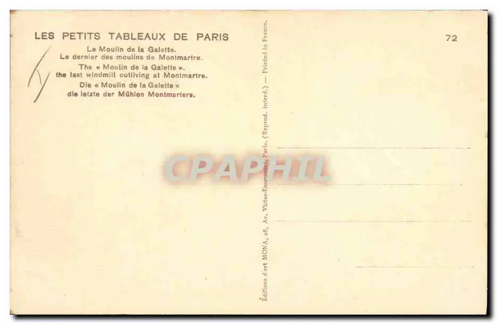 Moulin de la Galette — Der letzte Mühle von Montmartre — Éditions art MOVA, Nr. 72 - Rückseite