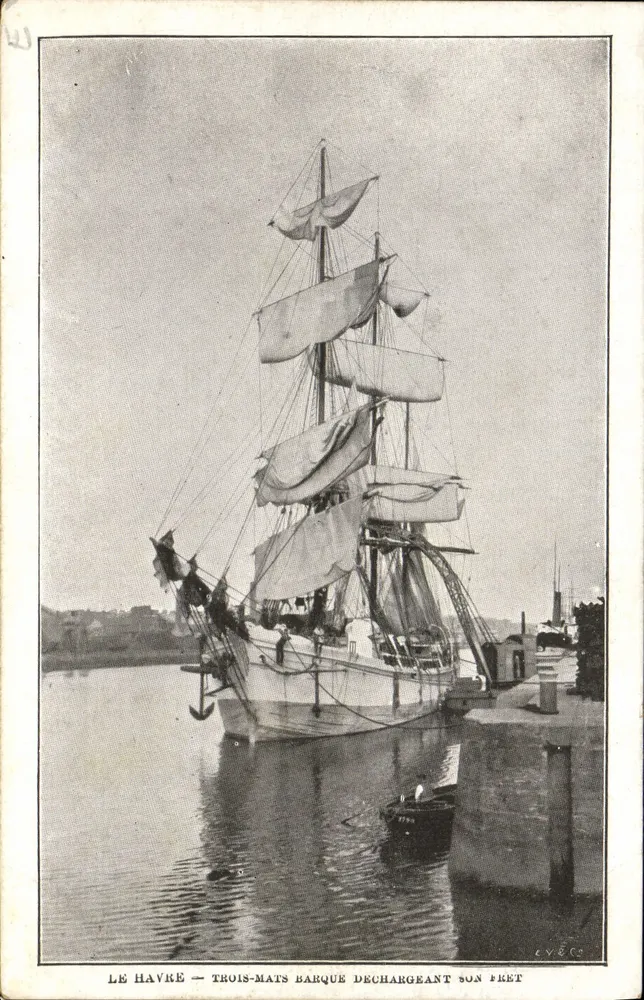 Le Havre — Drei-Mast-Barkasse, die ihre Fracht entlädt — Éditeur L.V.É.C.S. - Vorderseite