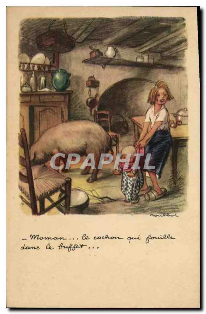 Kind und Schwein in der Küche — Illustration von Noël Burt — Nationale Liga gegen Slums - Vorderseite