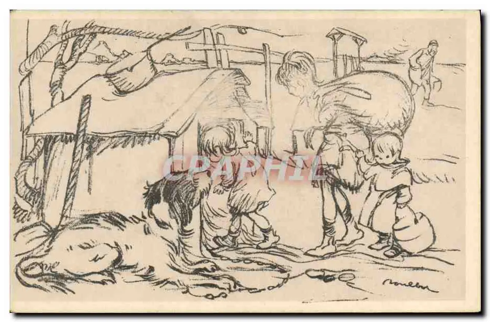Familie und Hund vor einer Hütte — Zeichnung von René Poncelet — Französischer Tag des Nationalen Rettungsdienstes - Vorderseite