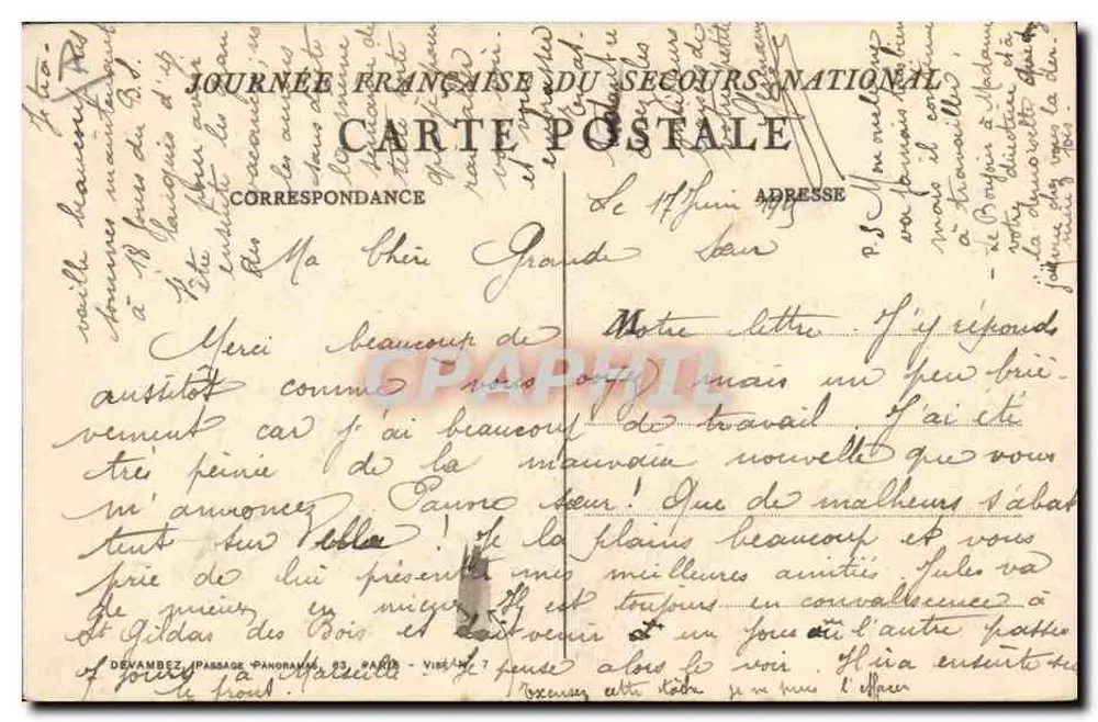 Familie und Hund vor einer Hütte — Zeichnung von René Poncelet — Französischer Tag des Nationalen Rettungsdienstes - Rückseite