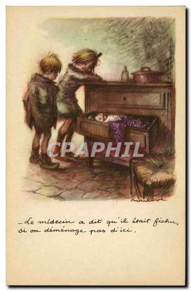 Zwei Kinder, die ein Kind in einem Klavierkasten beobachten — Zeichnung von Noubert — Nationale Liga gegen Slums - Vorderseite