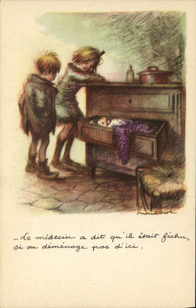 Zwei Kinder, die ein Kind in einem Schrankfach beobachten — Illustration von N. Nulbou — Nationale Liga gegen Slums - Vorderseite