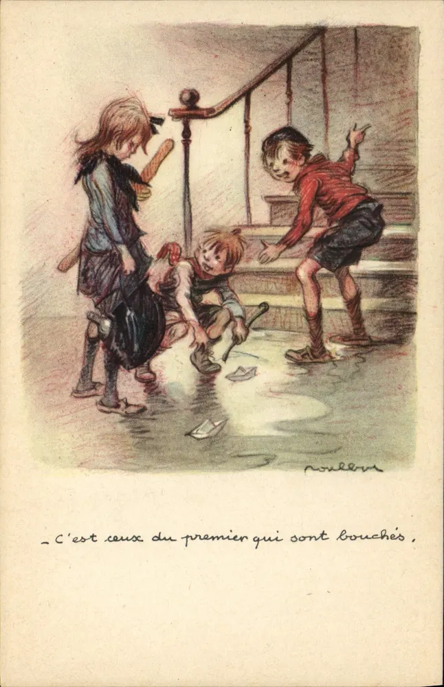 Kinder spielen mit einem Papierboot — Illustration von Poulleux — Ligue Nationale Contre le Taudis - Vorderseite