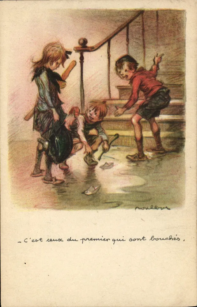 Kinder, die in einer Pfütze spielen — Illustration von Poulèvre — Nationale Liga gegen Slums - Vorderseite
