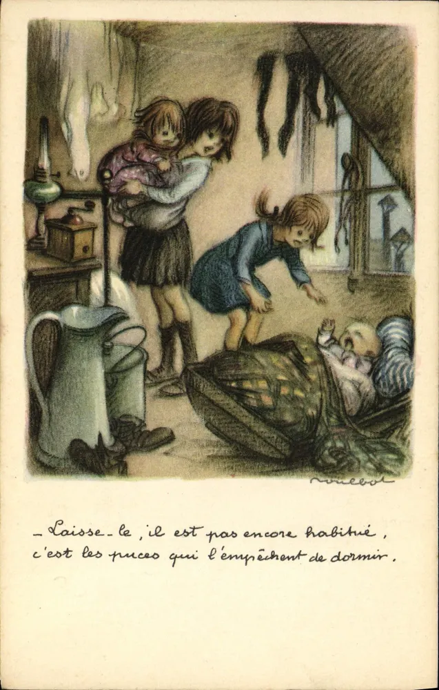 Kinder, die einem Baby beim Einschlafen helfen — Illustration von Nuncéot — Nationale Liga gegen Slums - Vorderseite