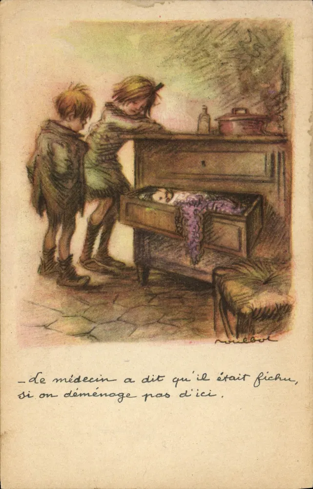 Kinder vor einem Klavier — humorvolle Szene — Zeichnung von Noubol - Vorderseite