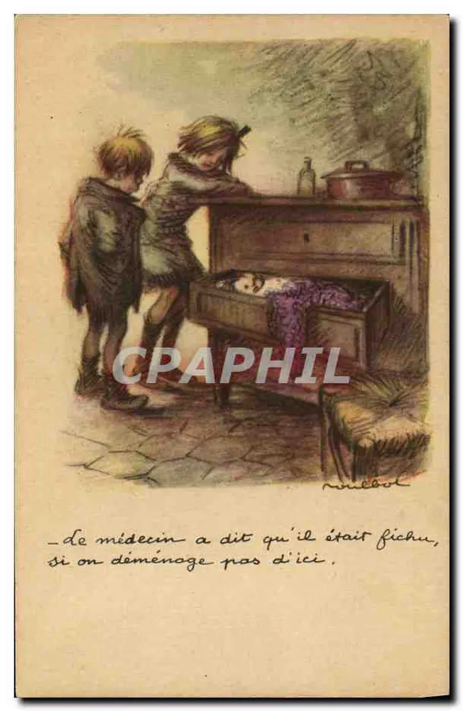 Zwei Kinder, die ein Kind in einem Koffer ansehen — Illustration von Nulboul — Nationale Liga gegen Slums - Vorderseite