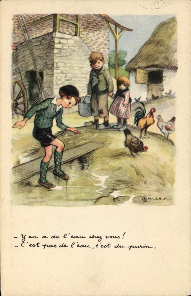 Kinder am Brunnen — humoristische Szene — Verlag: G. B. (Signatur sichtbar) — Seriennummer nicht sichtbar - Vorderseite
