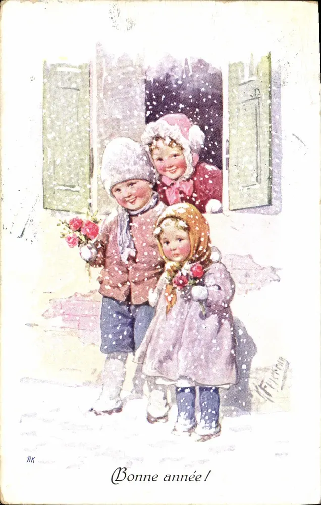 Kinder in der Schnee — Frohe Weihnachten! — RK - Vorderseite