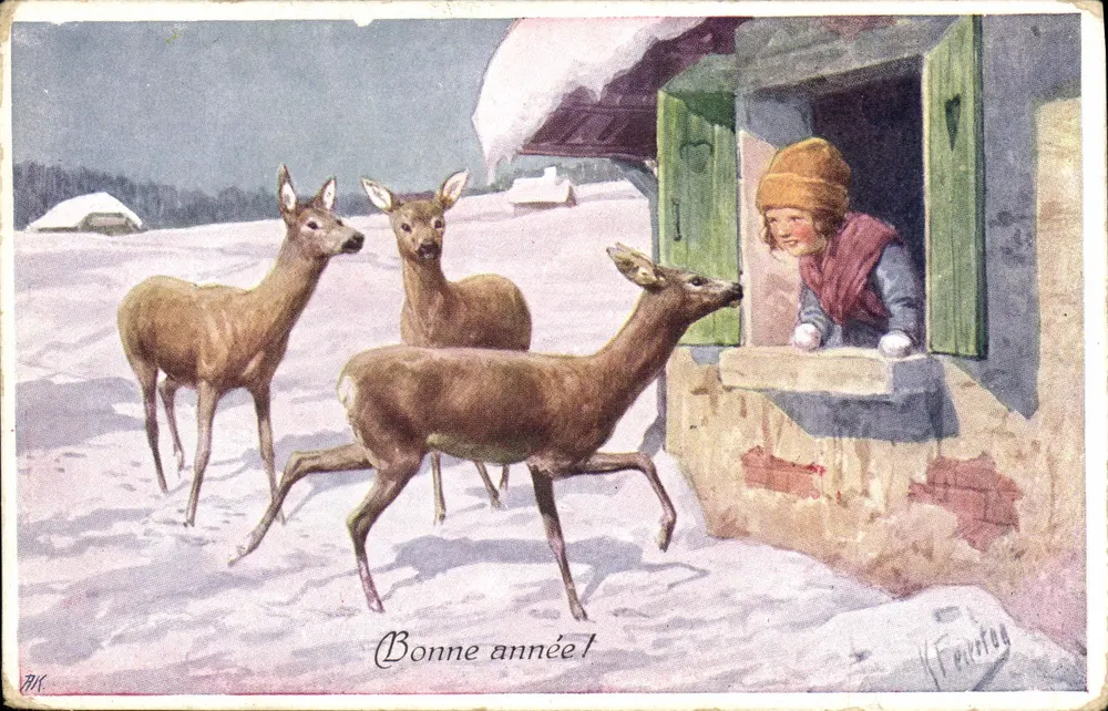Kinder und Hirsche im Winter — Frohe Weihnachten! — Verlag Fontana, Nr. 711 - Vorderseite