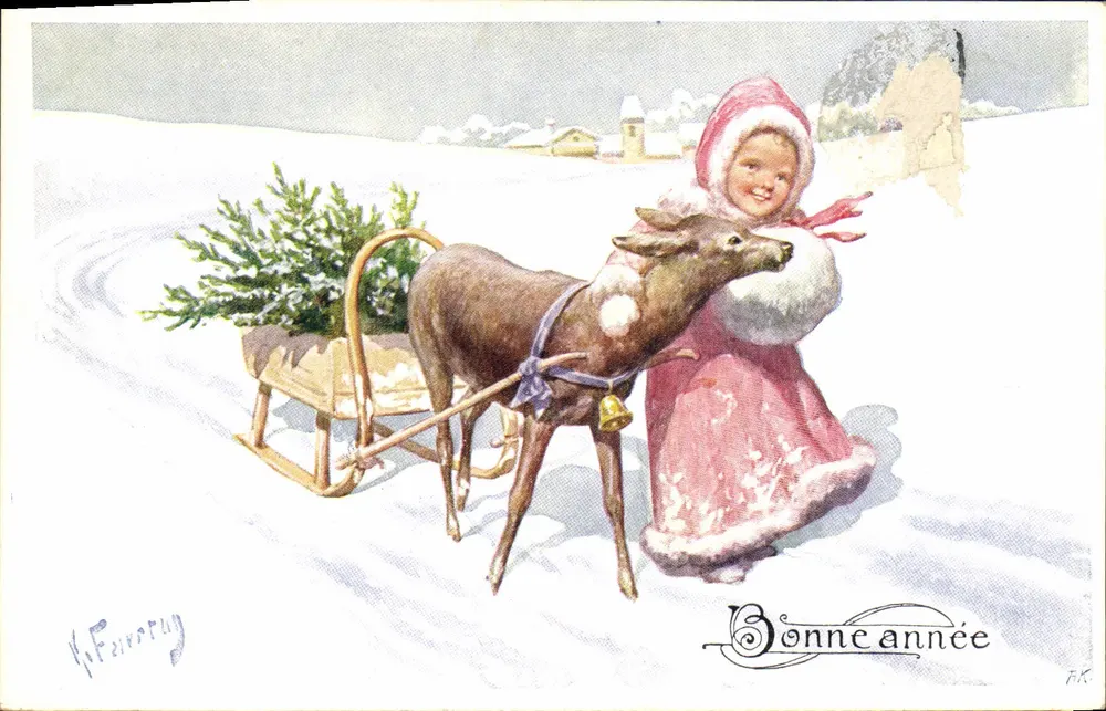 Kind und Hirsch mit Schlitten — Winterlandschaft — B.K.W. I. 2993-5 - Vorderseite