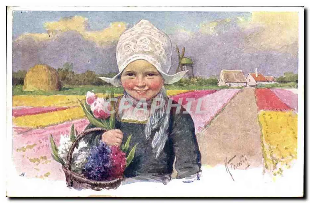 Mädchen mit Tulpen — Landschaft mit Blumenfeldern — Verlag Tuck & Sons, Serie III - Vorderseite